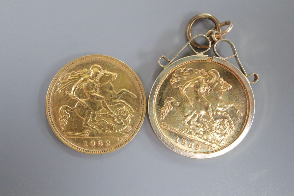 Two 1982 gold half sovereigns, one in 9ct gold mount, gross 8.9 grams. - Image 2 of 2