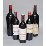 Two magnums Clarets: Chateau Haut Sarpe 1995 and Montviel Pomerol, label lacking and three further