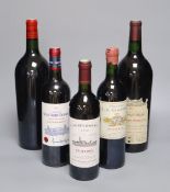 Two magnums Clarets: Chateau Haut Sarpe 1995 and Montviel Pomerol, label lacking and three further