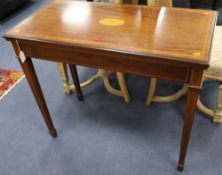 An Edwardian inlaid mahogany folding top card table, width 92cm depth 46cm height 76cm