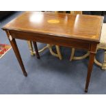 An Edwardian inlaid mahogany folding top card table, width 92cm depth 46cm height 76cm