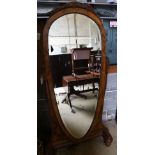 A French Art Deco burr walnut cheval mirror, width 90cm height 178cm