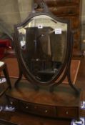 A George III mahogany toilet mirror with bow front box base, width 55cm, depth 22cm, height 72cm