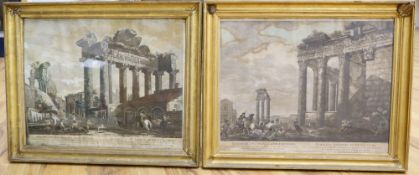 A pair of 18th century coloured engravings, after Clerisseau, 'Inside the Temple of Concord' and '