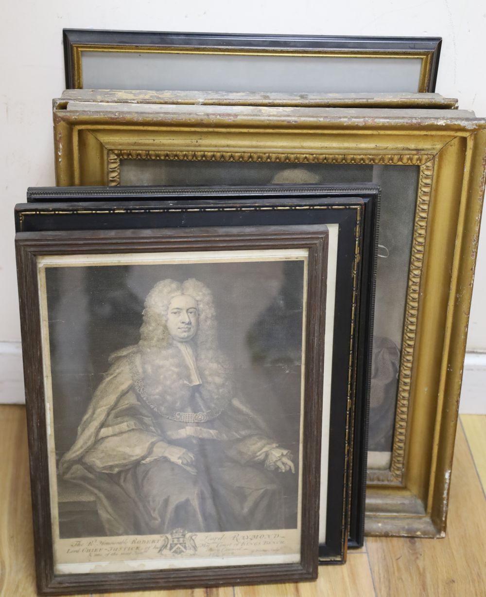 Six assorted antique engravings, Portraits of William Pitt, Oliver Cromwell, Robert Lloyd Raymond,