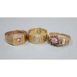 A 9ct gold and diamond gypsy-set ring, a 9ct gold, ruby and diamond cluster ring and a two-colour