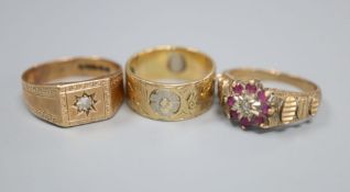 A 9ct gold and diamond gypsy-set ring, a 9ct gold, ruby and diamond cluster ring and a two-colour