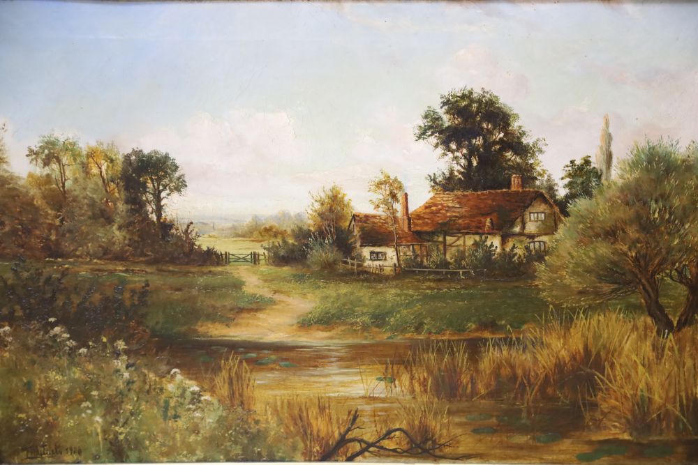 T Whithew (c.1900), oil on canvas, Timber framed house beside a river, signed a and dated 1906, 50 x