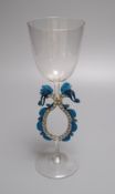 A 20th century historismus flügelglas, in 17th century German style, the winged stem blue and