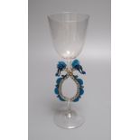 A 20th century historismus flügelglas, in 17th century German style, the winged stem blue and