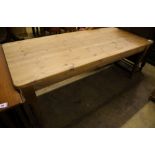 A Victorian style pine kitchen table, width 196cm depth 86cm height 77cm