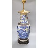 A 19th Chinese blue and white crackle glaze baluster vase, mounted as a lamp, overall height 72cm