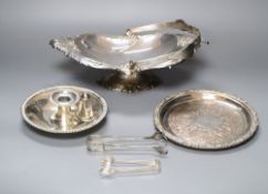 A plated bon bon basket, candle holder, a pair of grape shears, a pair of ice tongs & and a small