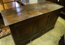 An 18th century oak mule chest, width 146cm depth 55cm height 80cm