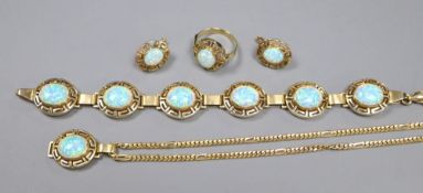 A suite of Indian 585 and white opal jewellery retailed by Alnur, with Greek Key pattern mounts,