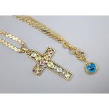 A modern 9ct gold multi-gem-set cross (4cm) on 9ct gold chain (53cm) also hung with a 585 mounted