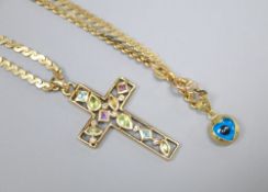 A modern 9ct gold multi-gem-set cross (4cm) on 9ct gold chain (53cm) also hung with a 585 mounted