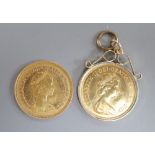 Two 1982 gold half sovereigns, one in 9ct gold mount, gross 8.9 grams.