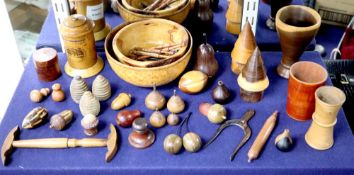 A group of modern and antique treen items, including two Tunbridge ware stickware containers, models