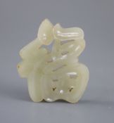 A Chinese pale celadon jade plaque in the form of the character Fu, 4.2cm