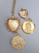 A 9ct gold heart-shaped fancy locket on 9ct chain, a 9ct gold engraved circular locket, a small