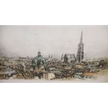 Luigi Kasimir (1881-1962), coloured etching, View of Viennese roof tops, signed in pencil, overall
