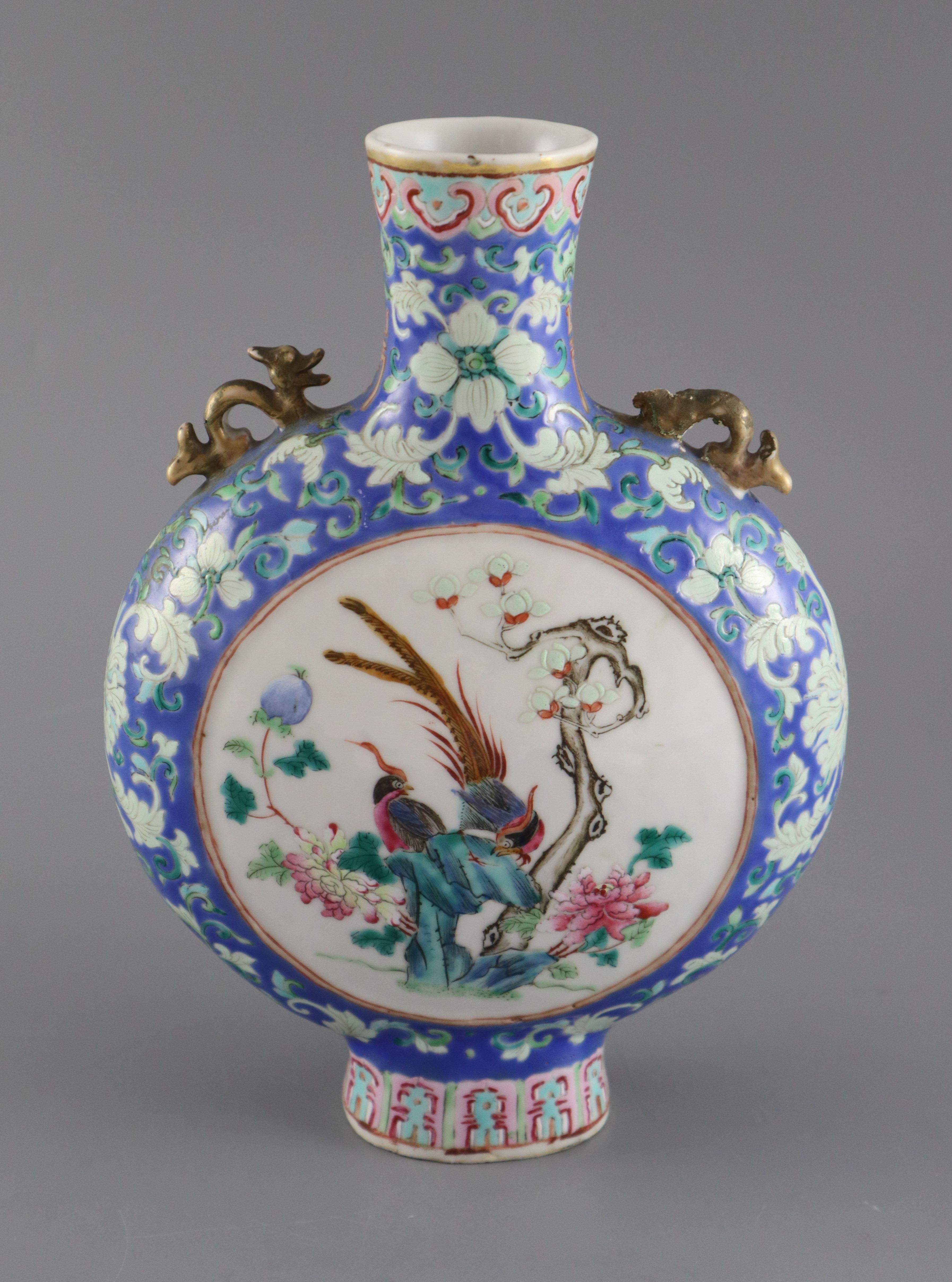 A Chinese famille rose moon flask, 19th century, 25cm highCONDITION: Minor shallow chip at neck rim,