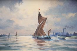 Denis Pannett (1939-), oil on canvas, Sail barge along the Thames, signed, 40 x 60cm