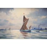 Denis Pannett (1939-), oil on canvas, Sail barge along the Thames, signed, 40 x 60cm