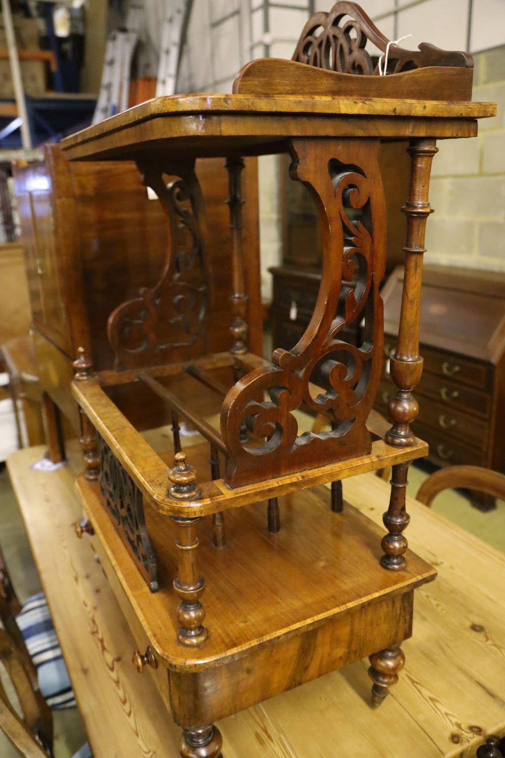 A Victorian burr walnut music Canterbury-cum-whatnot, fitted drawer to base, width 60cm depth 40cm - Image 3 of 3