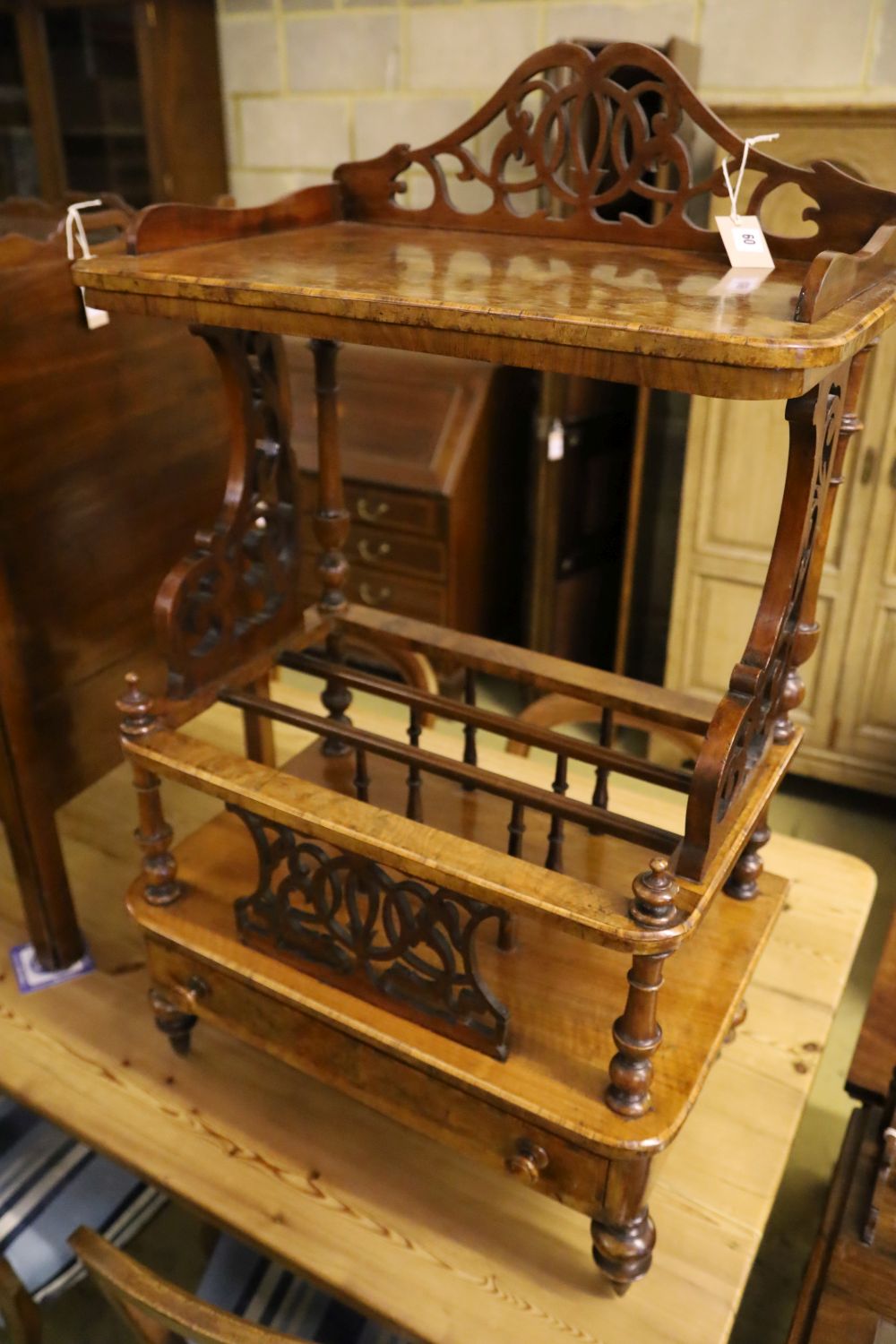 A Victorian burr walnut music Canterbury-cum-whatnot, fitted drawer to base, width 60cm depth 40cm