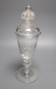 A Norwegian glass goblet and cover, in 17th century German style, the domed cover with crown finial,