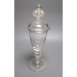 A Norwegian glass goblet and cover, in 17th century German style, the domed cover with crown finial,
