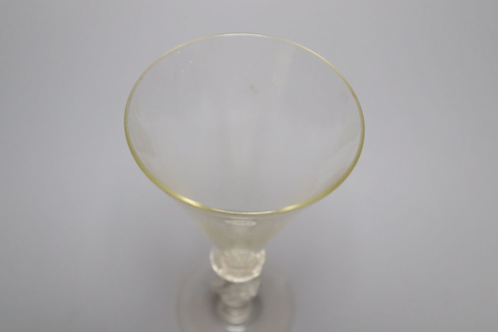 A façon de Venise historismus wine glass, 20th century, the conical bowl above a 'propeller' stem, - Image 2 of 3