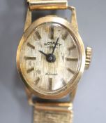 A lady's 9ct gold Rotary manual wind wrist watch, on a 9ct gold strap, case diameter 15mm, gross