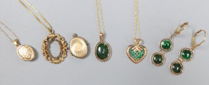 A 9ct gold and emerald heart pendant on chain, a 750 chain with scrolled pendant (vacant) and sundry