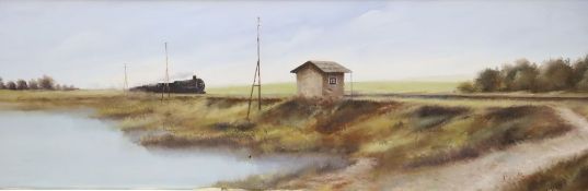 Giorgio Rocep, oil on canvas, Landscape with a passing train, signed, 29 x 89cm