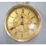 An early 20th century engraved 9ct open face fob watch, with yellow Roman dial and key, case