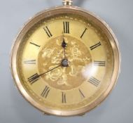 An early 20th century engraved 9ct open face fob watch, with yellow Roman dial and key, case