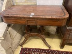 A Regency banded mahogany folding top card table, width 91cmCONDITION: Rather worn and damp damaged,