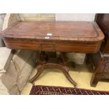 A Regency banded mahogany folding top card table, width 91cmCONDITION: Rather worn and damp damaged,