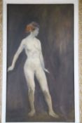 Haydn Reynolds Mackey (1881-?), oil on board, Standing female nude, signed, 49 x 28cmCONDITION: