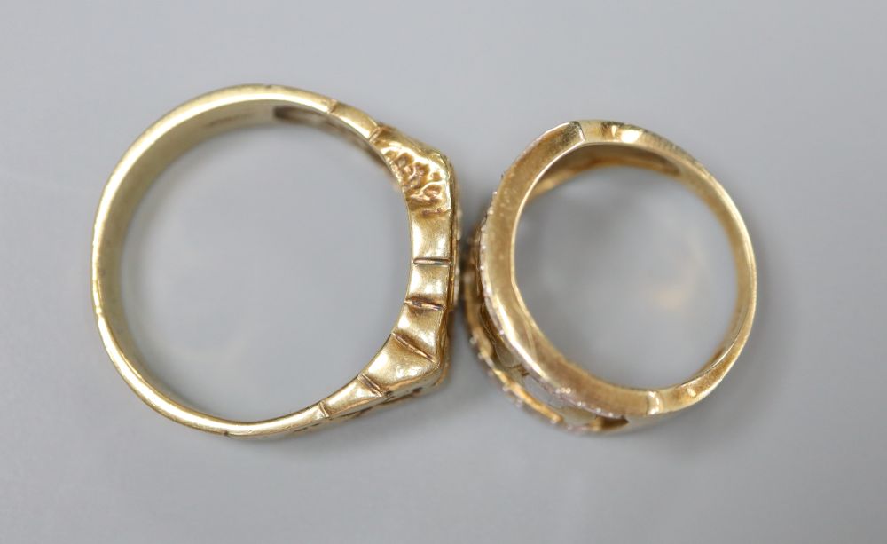 A 9ct two-colour gold and diamond chip set pierced 'elephant' ring, size L and a 9ct gold - Image 3 of 3