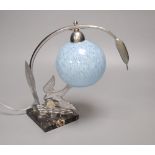 An Art Deco chrome kingfisher table lamp, on marble base with pale blue glass shade