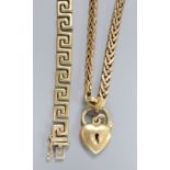 A yellow metal Greek Key link bracelet(a.f.) 19cm and a 9kt chain link bracelet with heart-shaped