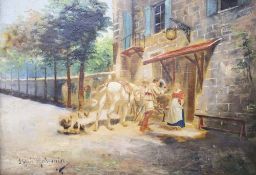 After Meissonier, oil on canvas, Figures outside an inn, 23 x 32cmCONDITION: Has the look of an