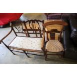 An Edwardian chair-back settee, width 103cm, together with a 19th century French prie-dieu chair