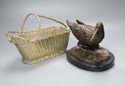 A Christofle silver plated wine basket, length 24cm and a bronze model of a wading bird, on oval