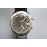 A gentleman's 1970's? stainless steel Omega Chronostop manual wind wrist watch, on a later leather
