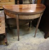 A George III inlaid mahogany D shaped folding card table, width 88cm, depth 42cm, height 75cm